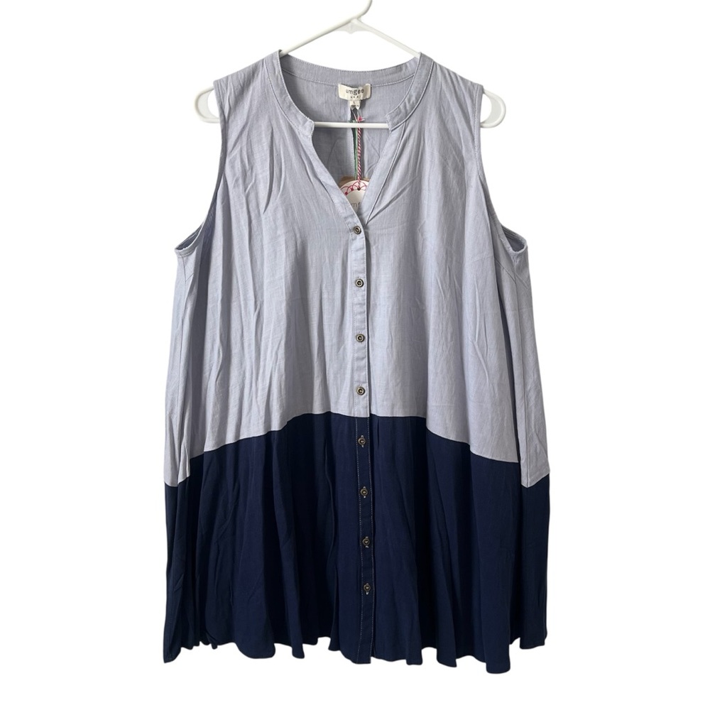 Umgee Linen Blend Gray/Blue Color Block Sleeveless Lagenlook Boho Tunic;Large
